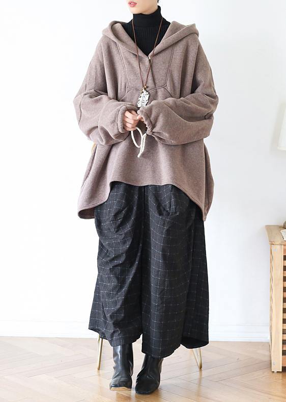 Natural hooded patchwork Blouse Cotton khaki blouse - SooLinen