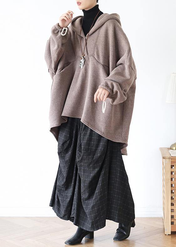 Natural hooded patchwork Blouse Cotton khaki blouse - SooLinen