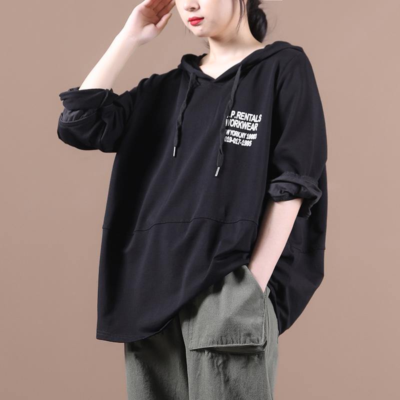 Natural hooded patchwork tops women Inspiration black Letter shirts - SooLinen