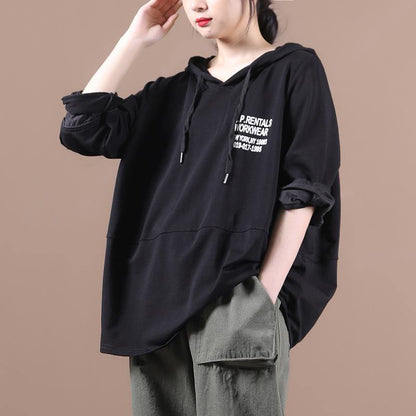 Natural hooded patchwork tops women Inspiration black Letter shirts - SooLinen
