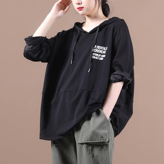 Natural hooded patchwork tops women Inspiration black Letter shirts - SooLinen