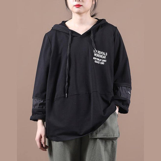 Natural hooded patchwork tops women Inspiration black Letter shirts - SooLinen