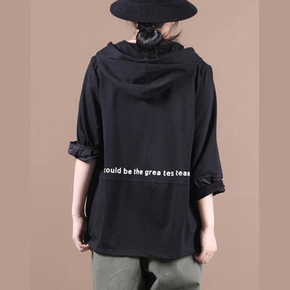 Natural hooded patchwork tops women Inspiration black Letter shirts - SooLinen