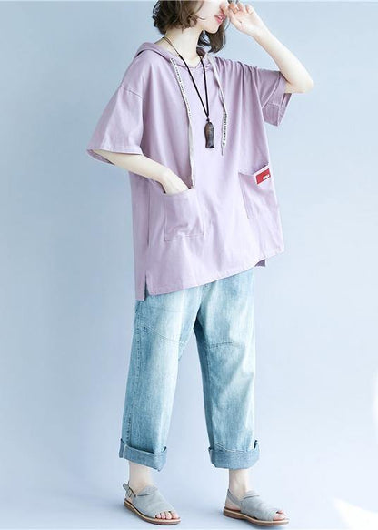 Natural hooded pockets cotton summer blouses for women Tutorials purple blouses - SooLinen
