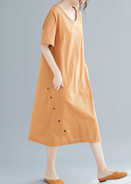 Natural khaki o neck cotton linen dresses Button decorated summer Dress - SooLinen