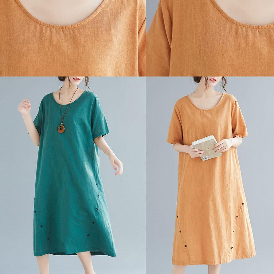 Natural khaki o neck cotton linen dresses Button decorated summer Dress - SooLinen