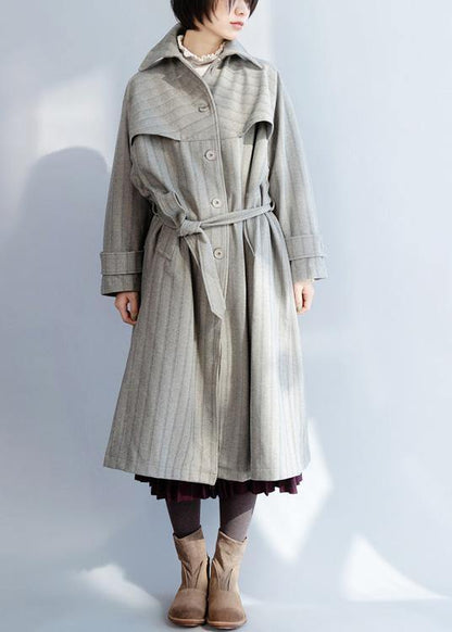 Natural lapel collar Fashion tie waist clothes For Women gray baggy coat - SooLinen