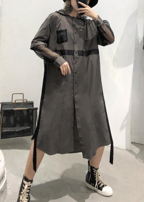 Natural lapel collar patchwork tulle cotton tunic dress Work gray green Traveling lapel Dress - SooLinen