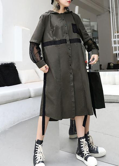 Natural lapel collar patchwork tulle cotton tunic dress Work gray green Traveling lapel Dress - SooLinen