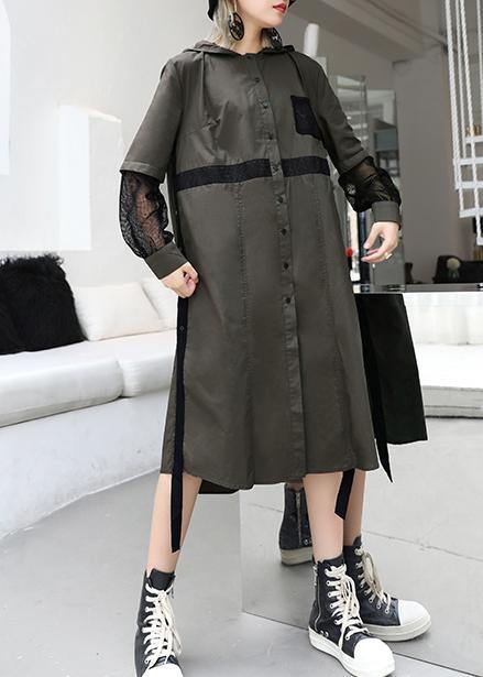 Natural lapel collar patchwork tulle cotton tunic dress Work gray green Traveling lapel Dress - SooLinen