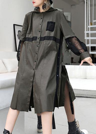 Natural lapel collar patchwork tulle cotton tunic dress Work gray green Traveling lapel Dress - SooLinen