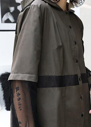 Natural lapel collar patchwork tulle cotton tunic dress Work gray green Traveling lapel Dress - SooLinen