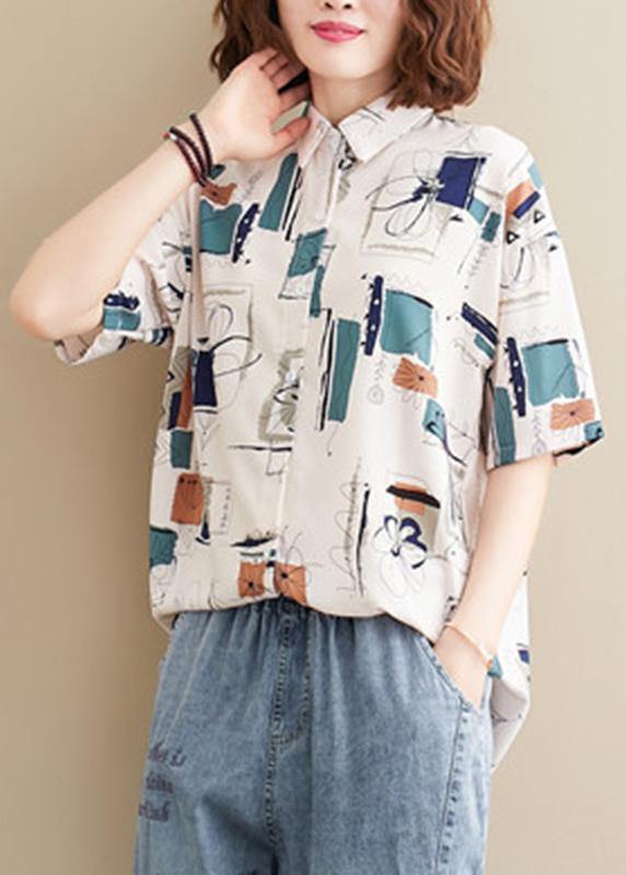 Natural lapel summer tops women Work Outfits white print blouses - SooLinen