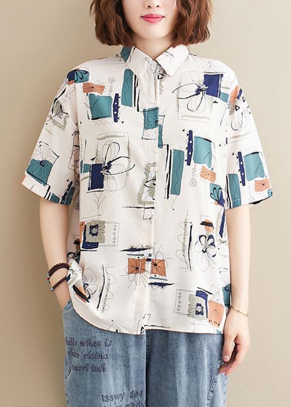 Natural lapel summer tops women Work Outfits white print blouses - SooLinen