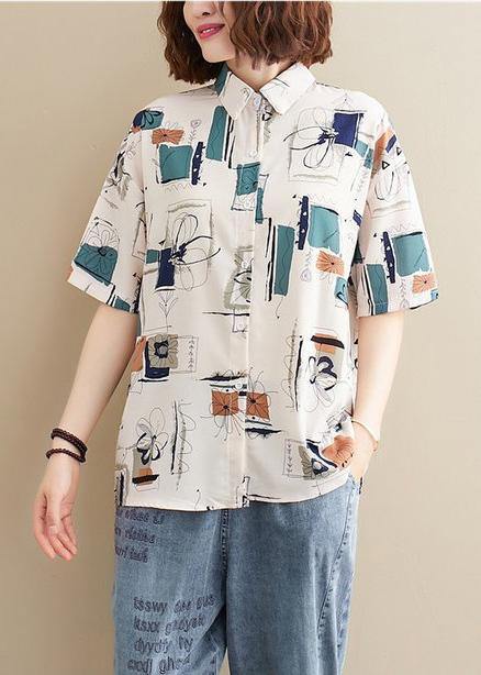 Natural lapel summer tops women Work Outfits white print blouses - SooLinen