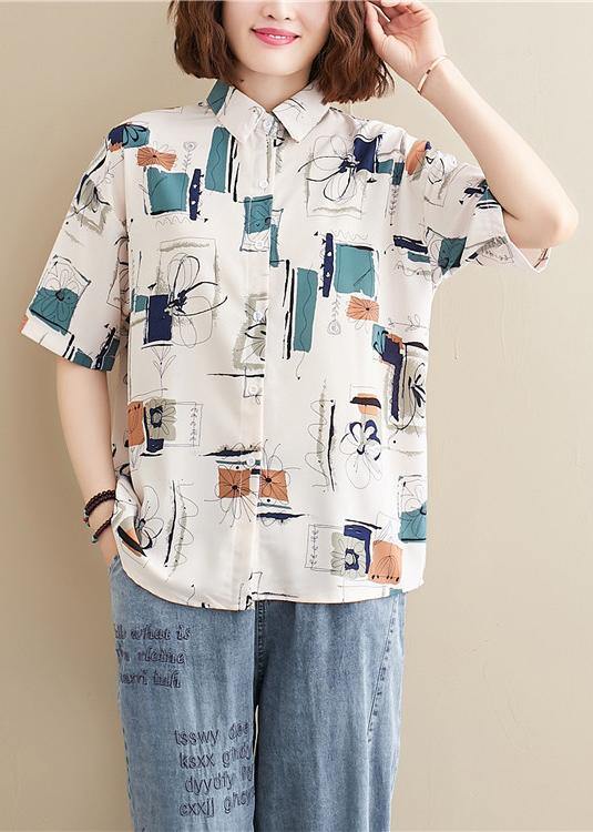 Natural lapel summer tops women Work Outfits white print blouses - SooLinen