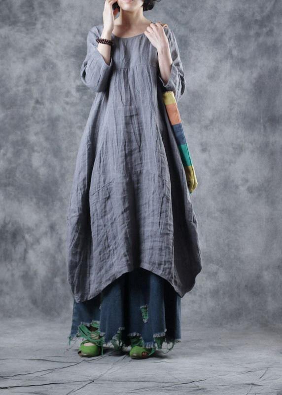 Natural linen clothes For Women Work gray Dress o neck - SooLinen