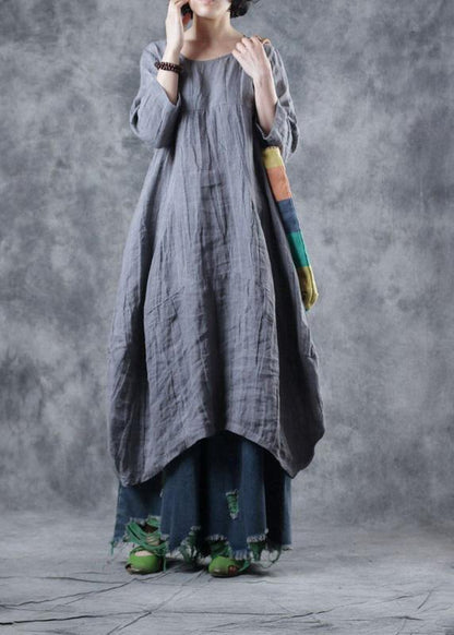 Natural linen clothes For Women Work gray Dress o neck - SooLinen