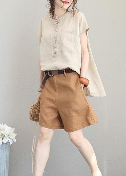 Natural low high design linen tunic top Shirts khaki o neck top summer - SooLinen