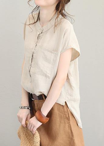 Natural low high design linen tunic top Shirts khaki o neck top summer - SooLinen