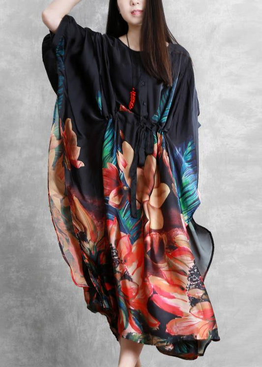 Natural o neck Batwing Sleeve summer dresses black print Dresses - SooLinen