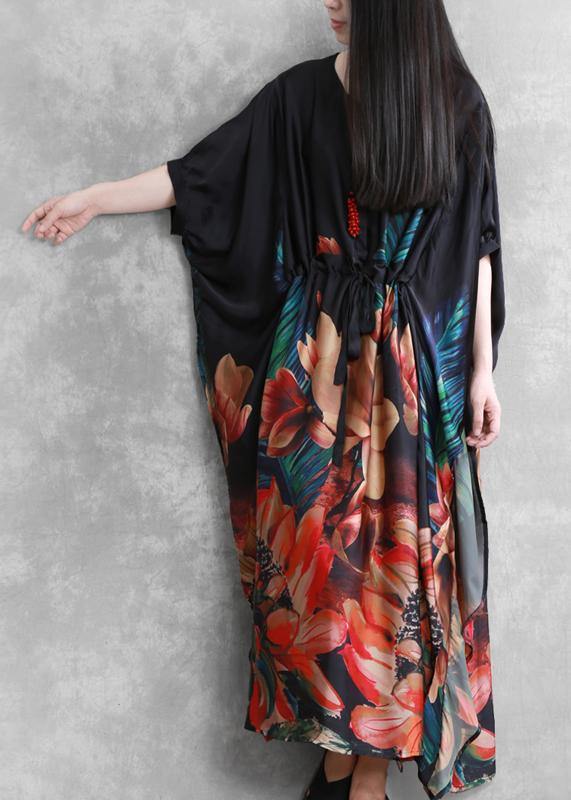 Natural o neck Batwing Sleeve summer dresses black print Dresses - SooLinen