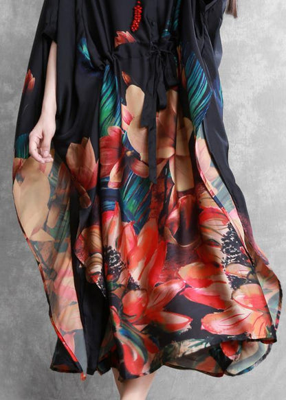 Natural o neck Batwing Sleeve summer dresses black print Dresses - SooLinen