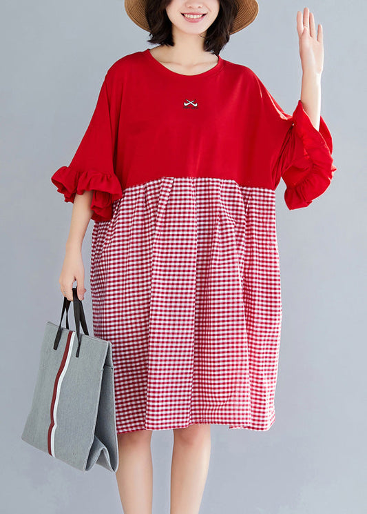 Natürliche o neck Schmetterling Ärmel Baumwolle kleidung Omychic Outfits rot Plaid kurze Kleider Sommer