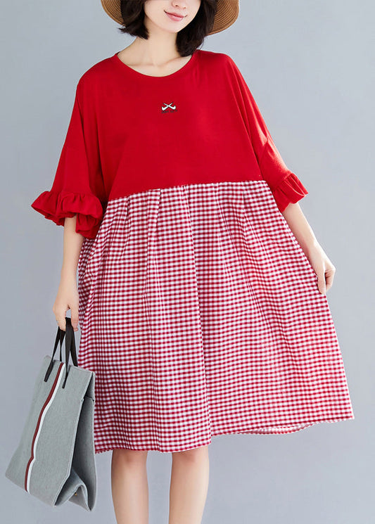 Natürliche o neck Schmetterling Ärmel Baumwolle kleidung Omychic Outfits rot Plaid kurze Kleider Sommer