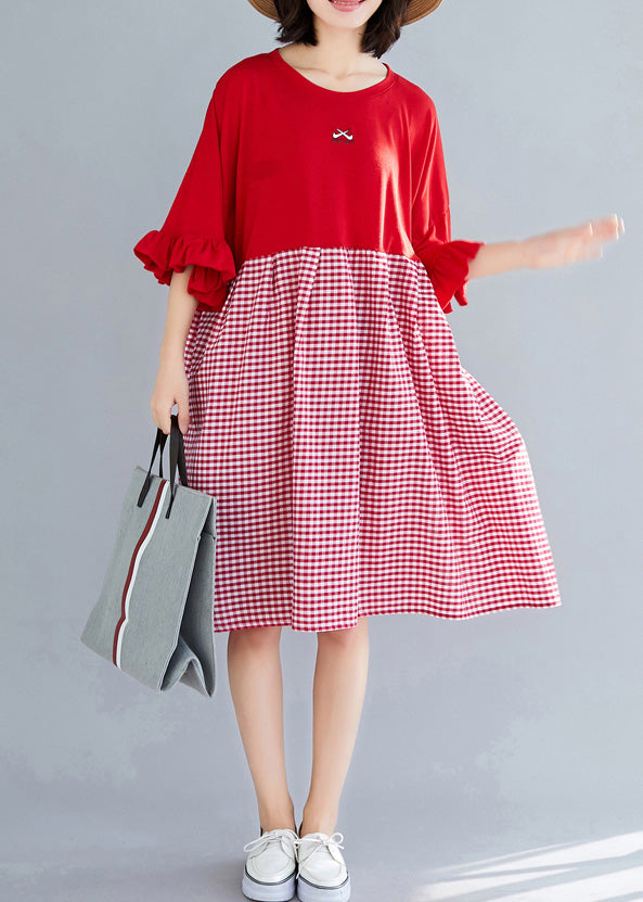 Natürliche o neck Schmetterling Ärmel Baumwolle kleidung Omychic Outfits rot Plaid kurze Kleider Sommer