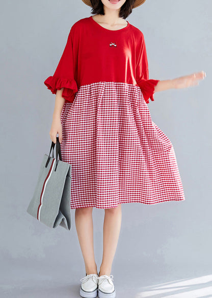 Natürliche o neck Schmetterling Ärmel Baumwolle kleidung Omychic Outfits rot Plaid kurze Kleider Sommer