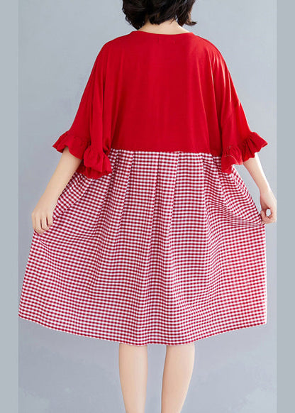 Natürliche o neck Schmetterling Ärmel Baumwolle kleidung Omychic Outfits rot Plaid kurze Kleider Sommer