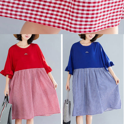 Natürliche o neck Schmetterling Ärmel Baumwolle kleidung Omychic Outfits rot Plaid kurze Kleider Sommer