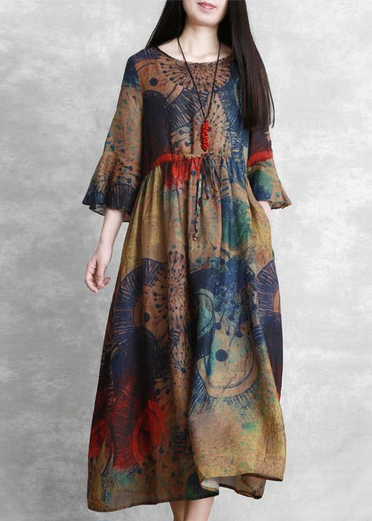 Natural o neck Butterfly Sleeve clothes For Women Sewing chocolate print Dresses - SooLinen