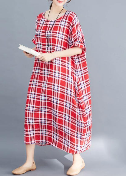 Natural o neck cotton clothes For Women Fabrics red plaid Maxi Dress summer - SooLinen