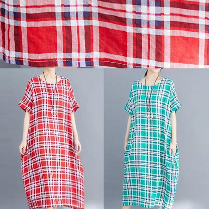 Natural o neck cotton clothes For Women Fabrics red plaid Maxi Dress summer - SooLinen