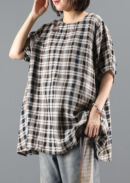 Natural o neck drawstring summer tunics for women Shape black plaid top - SooLinen