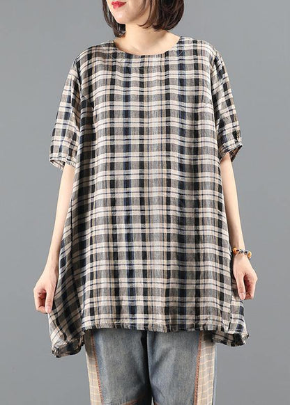 Natural o neck drawstring summer tunics for women Shape black plaid top - SooLinen
