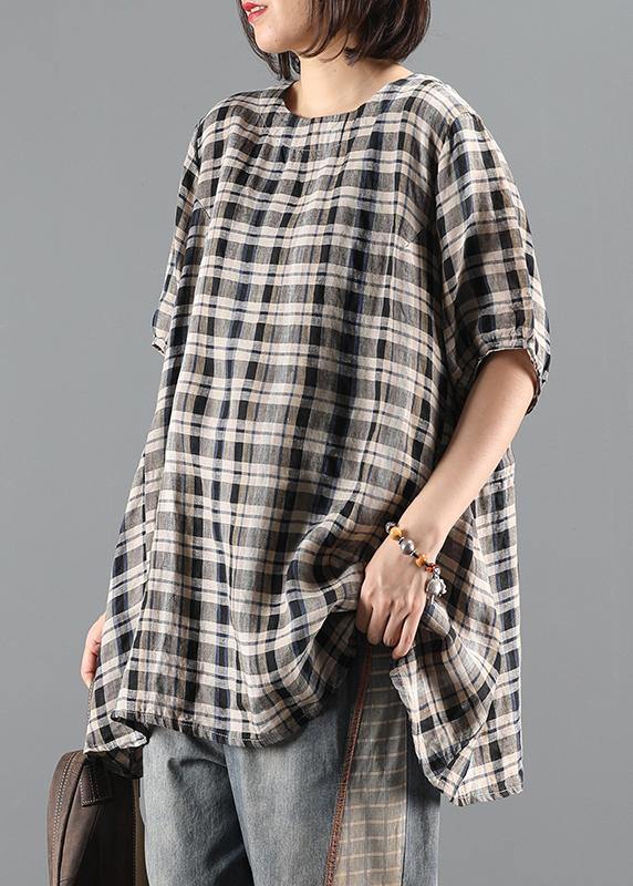 Natural o neck drawstring summer tunics for women Shape black plaid top - SooLinen