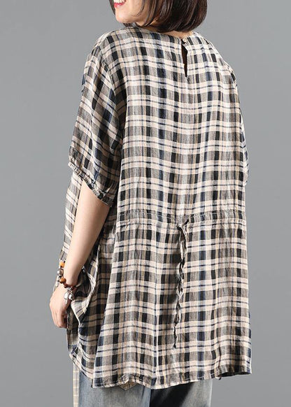 Natural o neck drawstring summer tunics for women Shape black plaid top - SooLinen