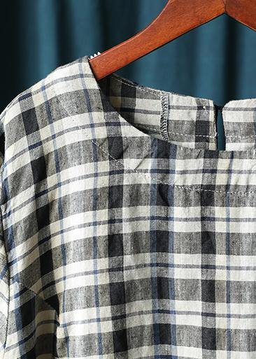 Natural o neck drawstring summer tunics for women Shape black plaid top - SooLinen