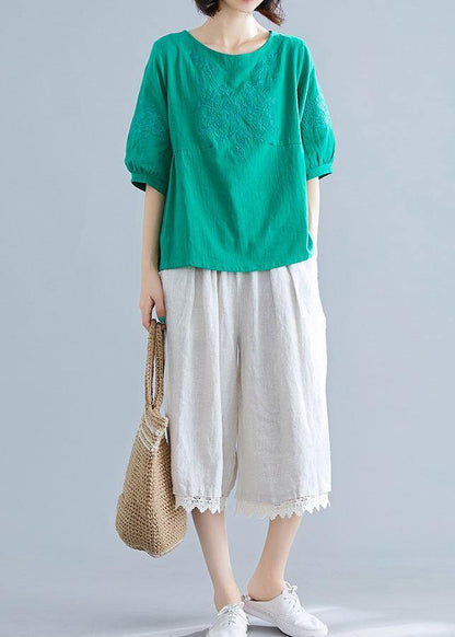 Natural o neck embroidery cotton clothes Outfits green blouses summer - SooLinen