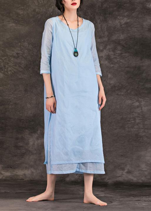 Natural o neck half sleeve cotton Tunics Work light blue Traveling Dress summer - SooLinen