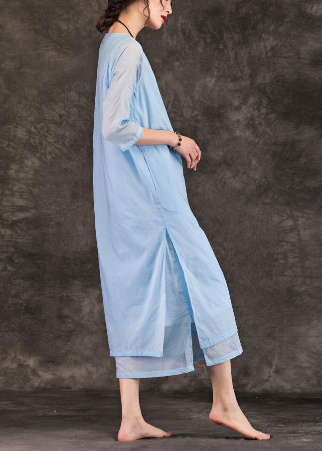 Natural o neck half sleeve cotton Tunics Work light blue Traveling Dress summer - SooLinen
