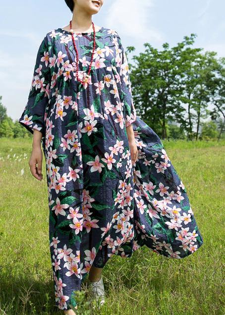 Natural o neck half sleeve cotton linen clothes For Women Fashion Ideas navy print Dress summer - SooLinen