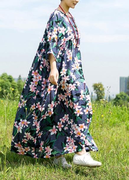 Natural o neck half sleeve cotton linen clothes For Women Fashion Ideas navy print Dress summer - SooLinen