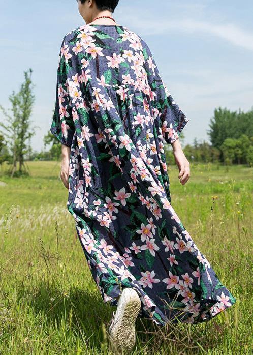 Natural o neck half sleeve cotton linen clothes For Women Fashion Ideas navy print Dress summer - SooLinen