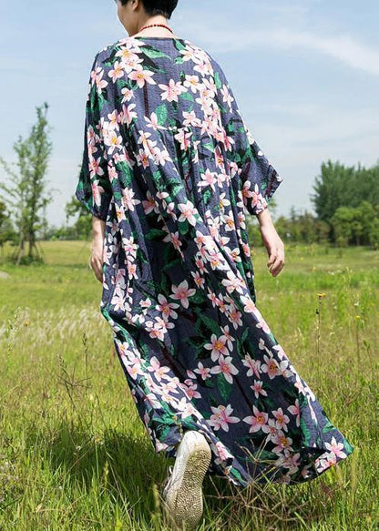 Natural o neck half sleeve cotton linen clothes For Women Fashion Ideas navy print Dress summer - SooLinen