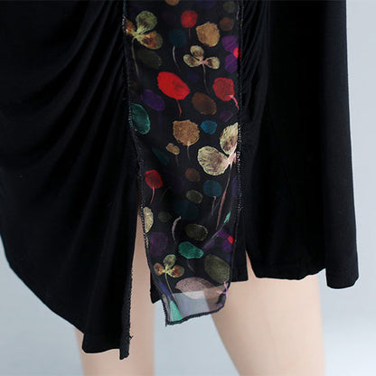 Natürliche O-Ausschnitt Patchwork Baumwolle gemischt Tuniken Casual Work schwarz Knie Kleid