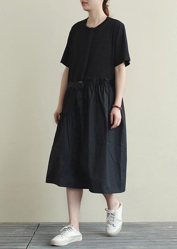 Natural o neck patchwork summer top Outfits black long Dress - SooLinen